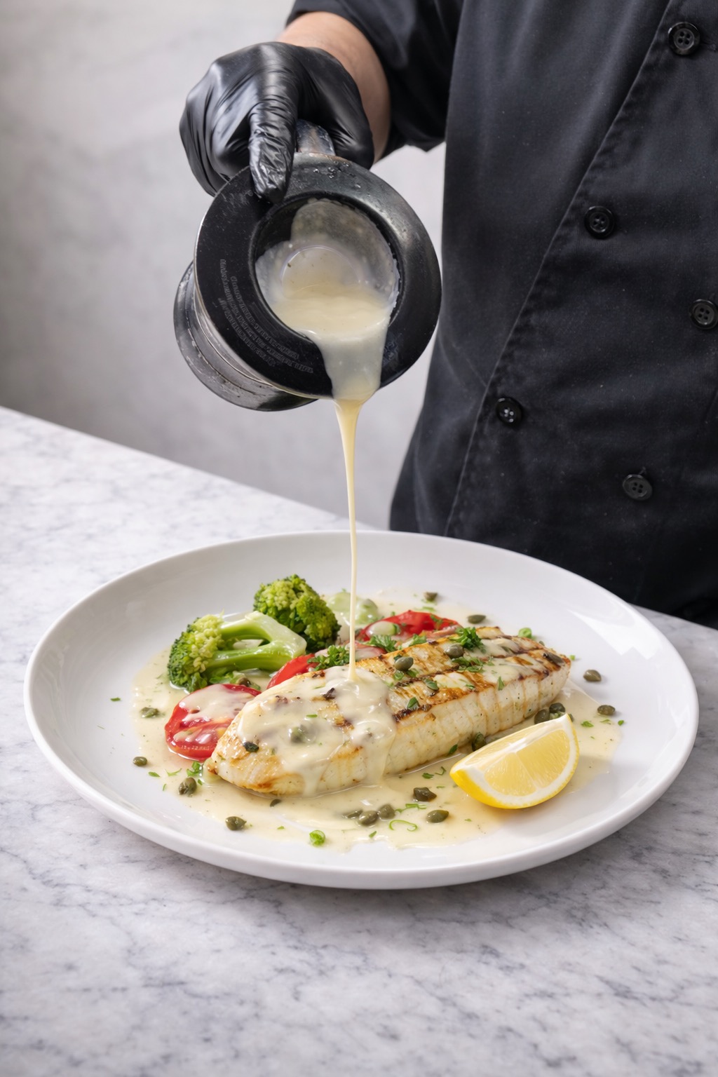 A Blue Waters chef finishing a grilled fish dish with sauce