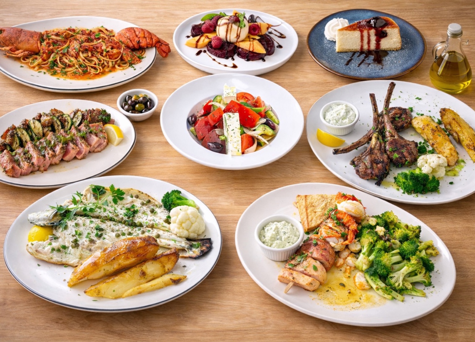 Blue Waters Mediterranean dishes including seafood, salad and grilled meats